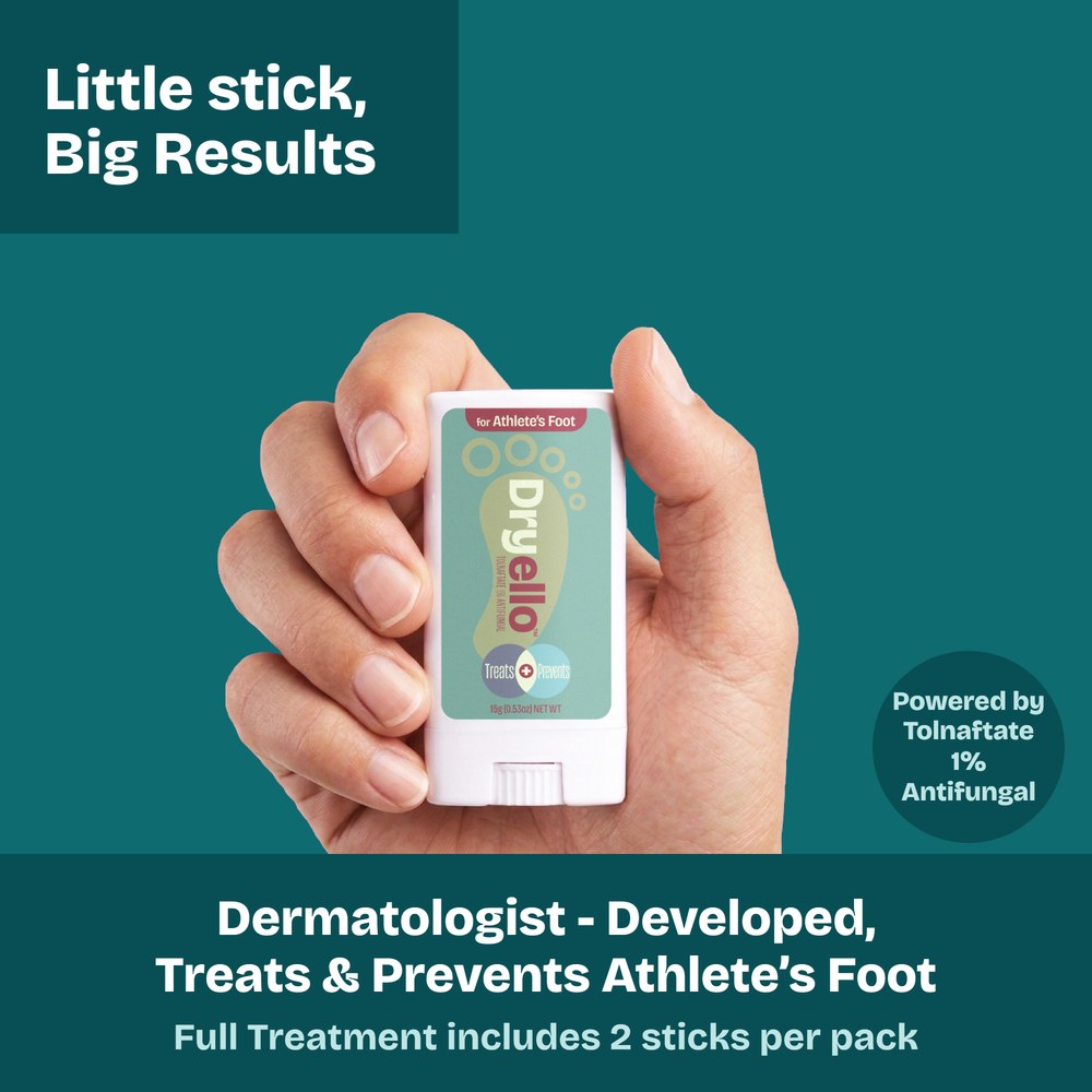 Dryello Athlete's Foot Treatment Stick held in a hand to show its size