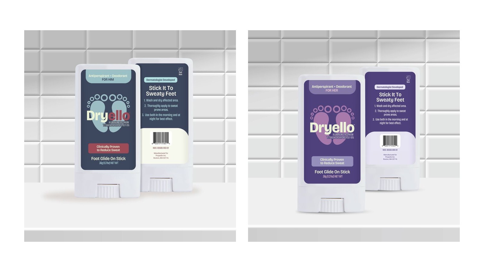 Dryello Antiperspirant Deodorant Foot Glide-On Sticks For Him and For Her, front and back of package