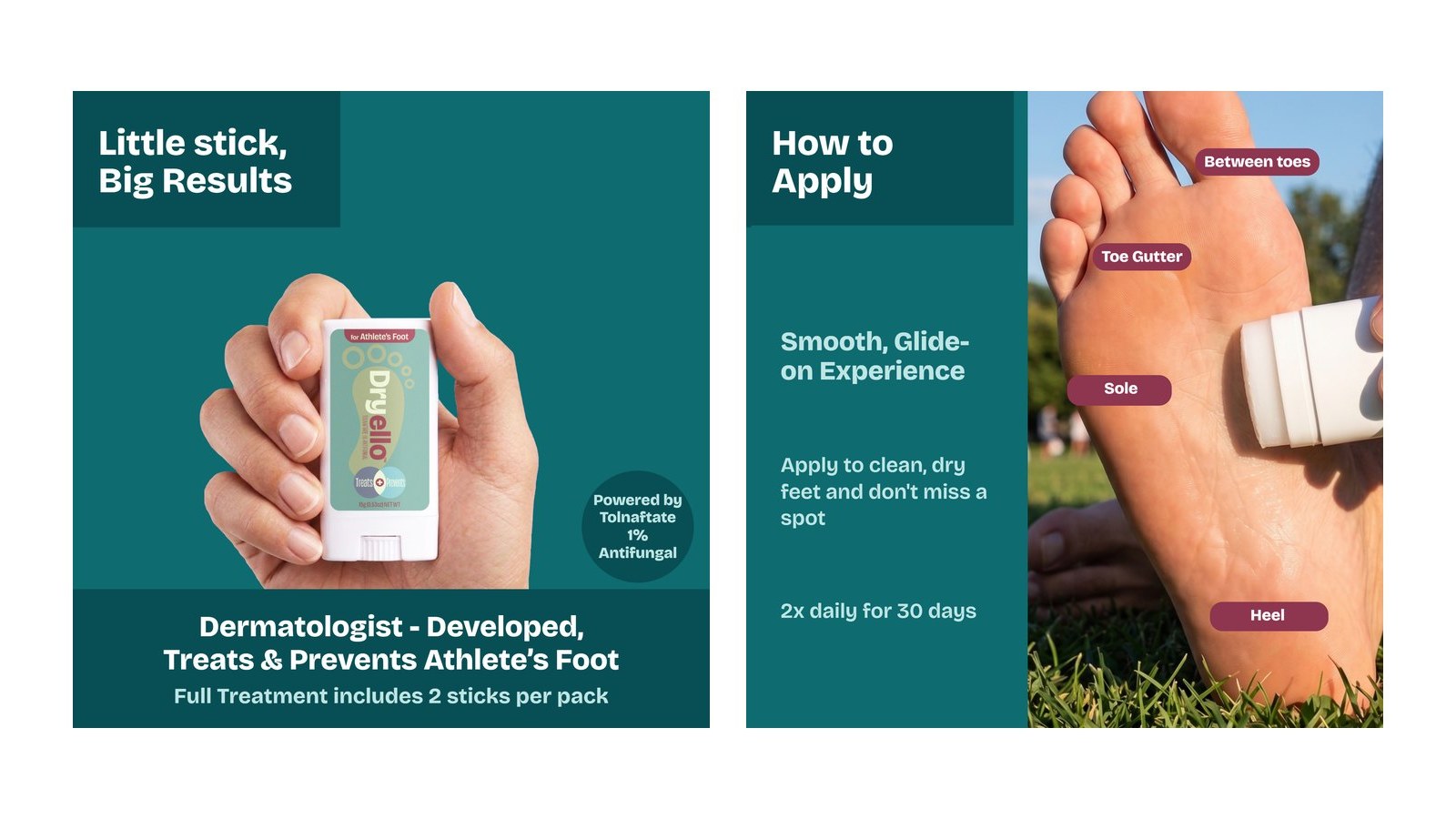 Dryello Athlete's Foot Treatment Stick held in a hand, and the how-to-apply graphic showing heel, sole, and between the toes